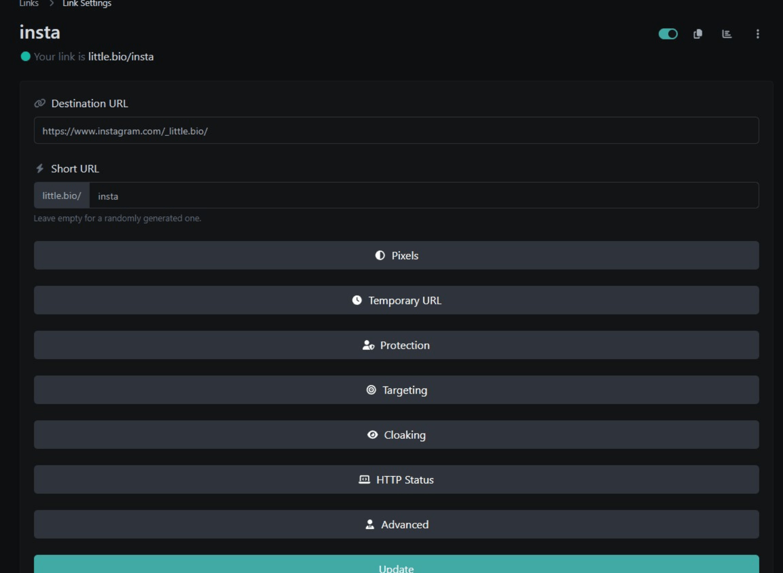 Screenshot of the app short URL editing page