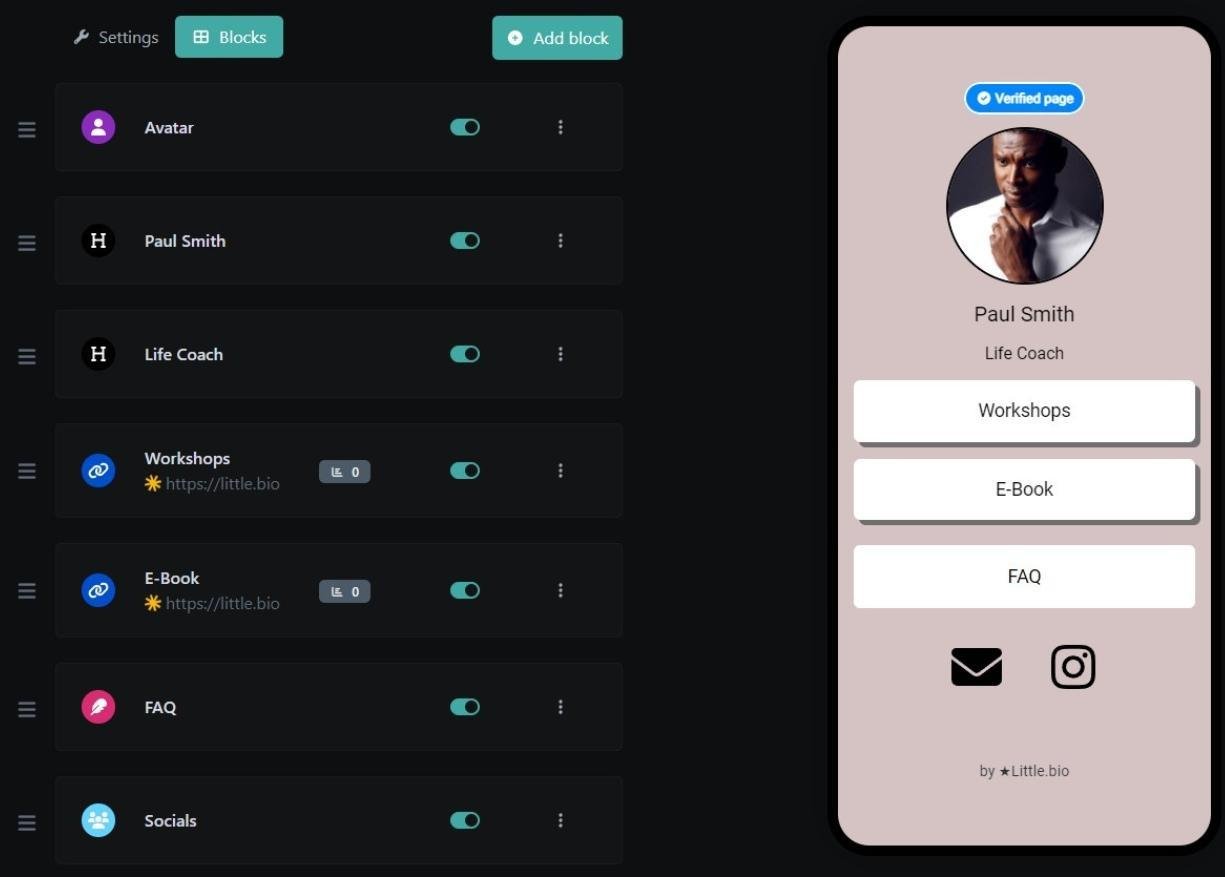 Screenshot of the app biolink editing page